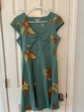 Toad&Co Teal Floral V-Neck Midi Dress with Yellow & Rust Accents